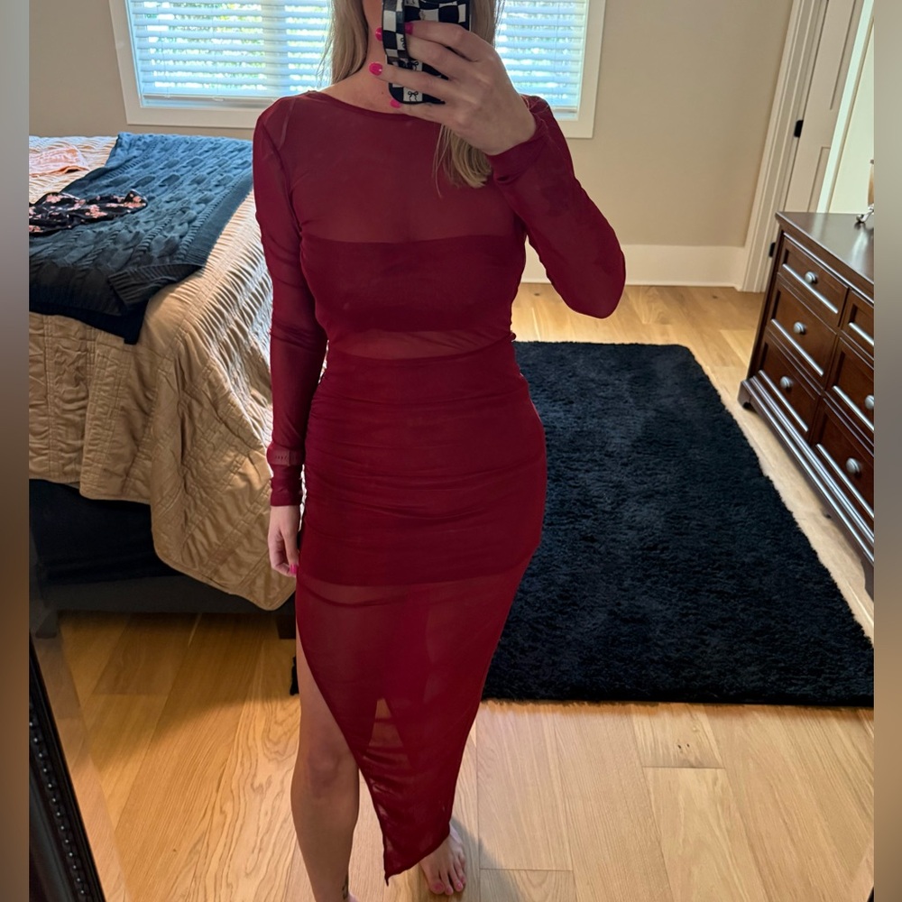 Lulus Burgundy Sheer Maxi Dress Medium NWT